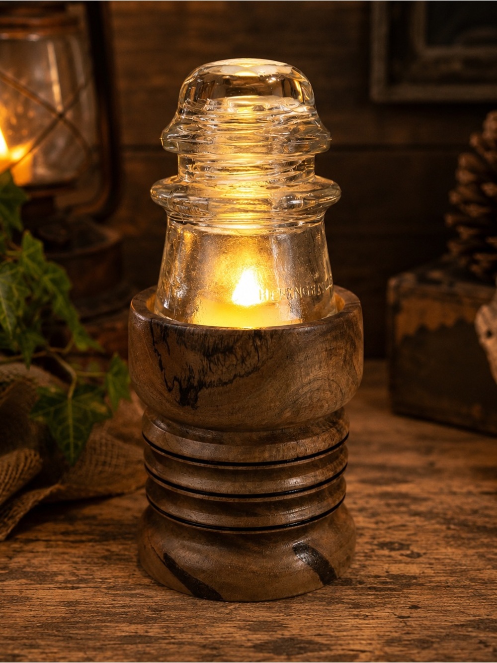 B&W Hemingray 17 Redneck Fairy Lamp – Handmade Pecan Wood Base | Vintage Glass